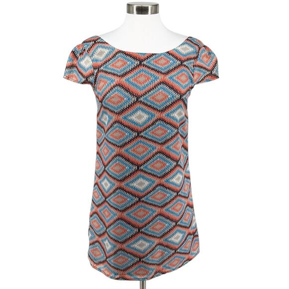 Paraella Womens Geometric Cap Sleeve Sheath Dress Size M Blue Coral Tan - Picture 1 of 15